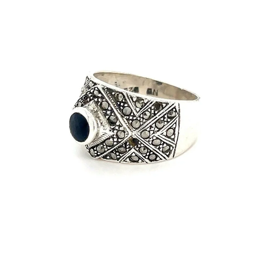 Bold Onyx/Marcasite Sterling Silver 925 Ring‎
